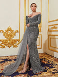 Elegant Off Shoulder Lone Sleeves Split Thigh Sequin Evening Dress