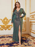 Plus Size V Neck Long Sleeves Sequin Slit Party Dress