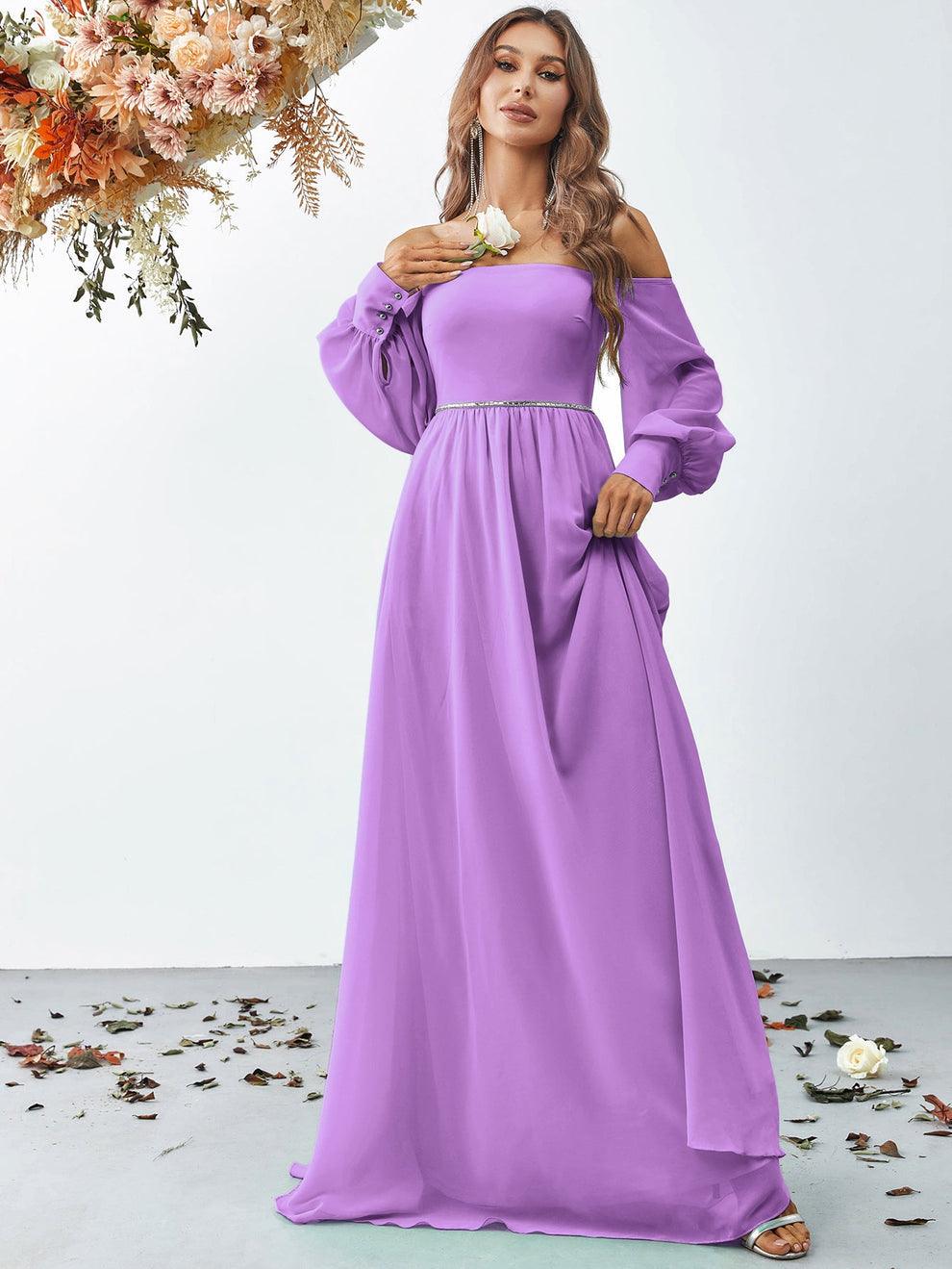 Off Shoulder Bishop Sleeves Chiffon Formal Dress - Elonnashop