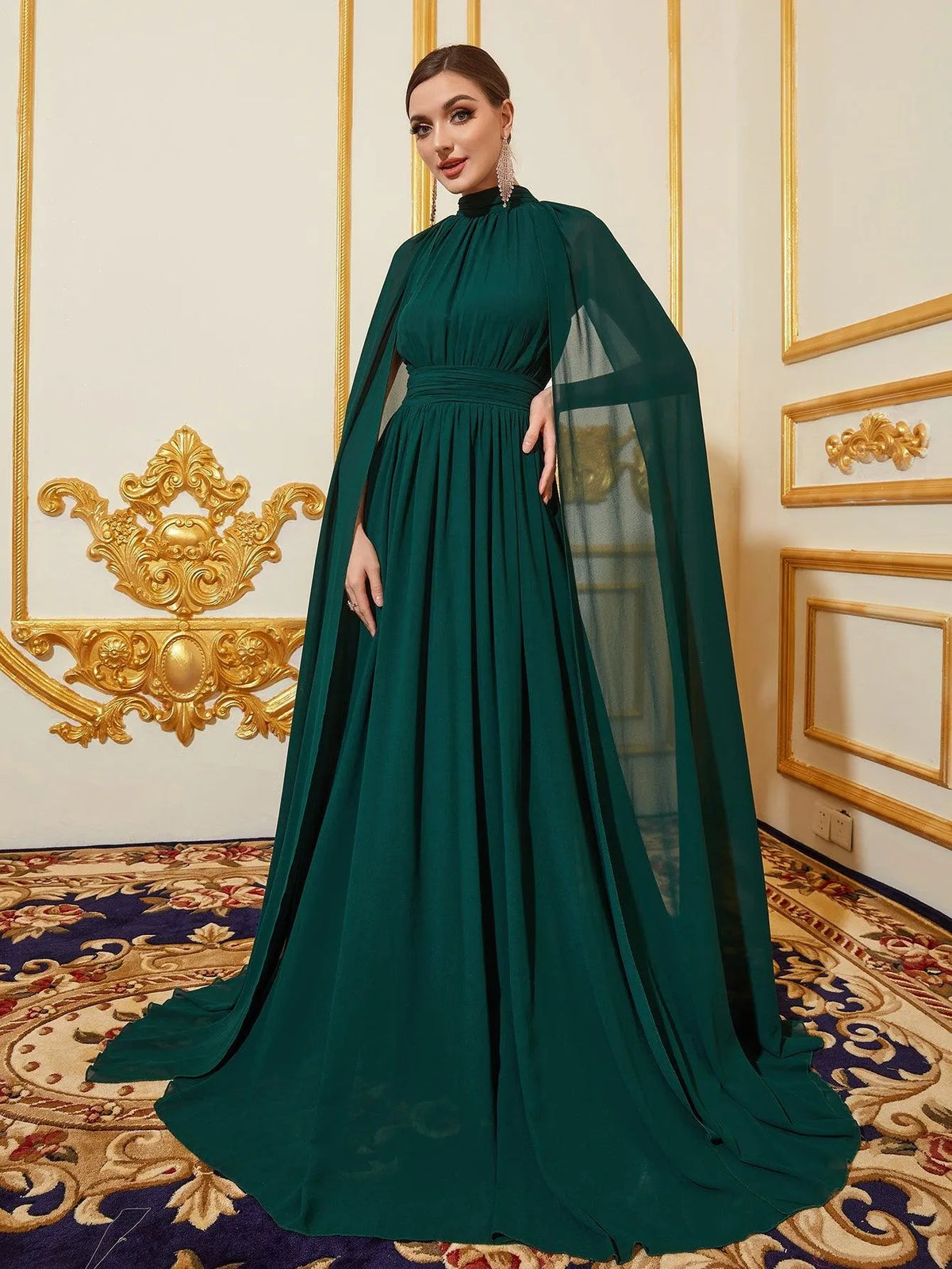 Elegant Mock Neck Cloak Sleeve Chiffon Formal Dress - Elonnashop