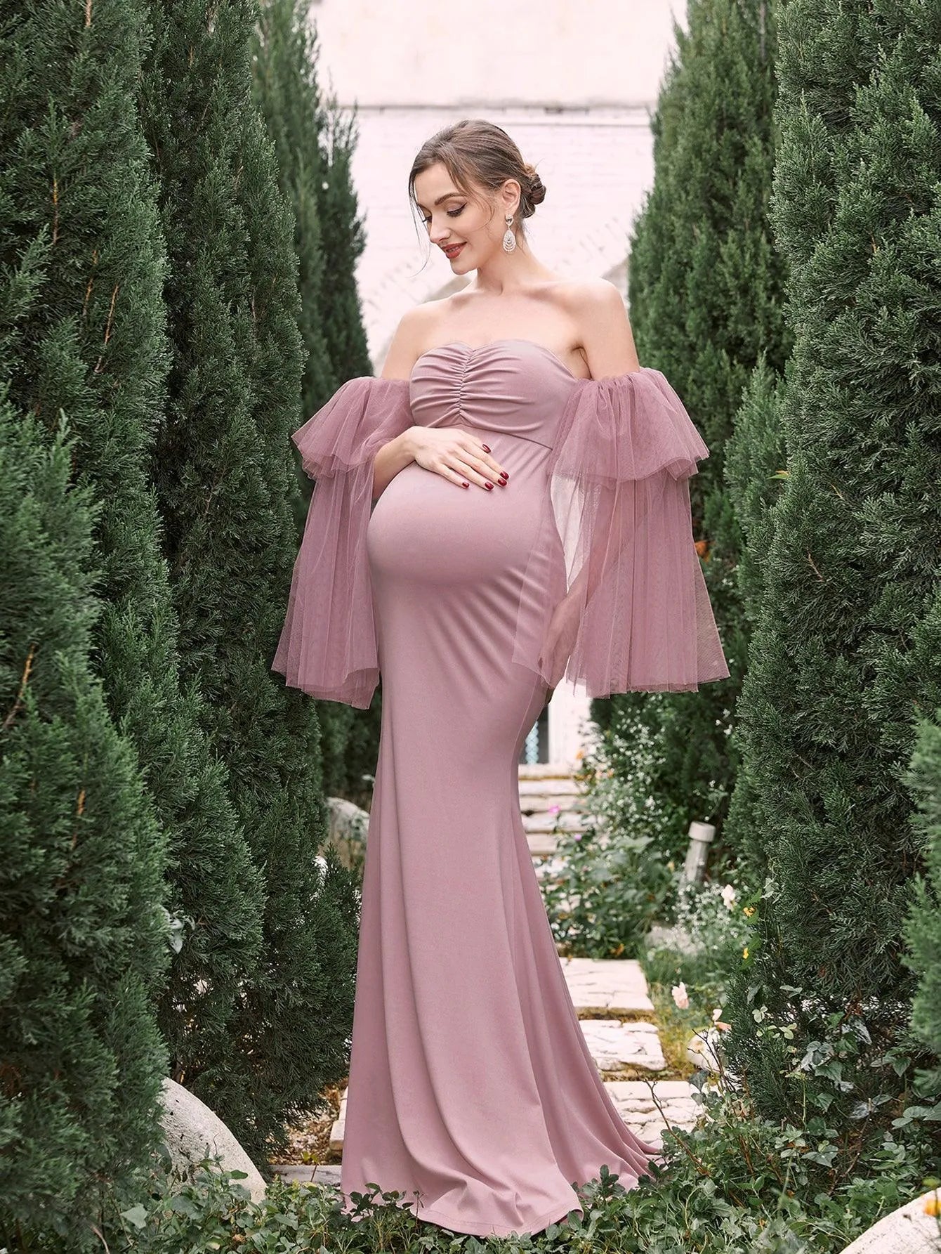 Maternity Mesh Sleeves Mermaid Hem Tube Prom Dress - Elonnashop