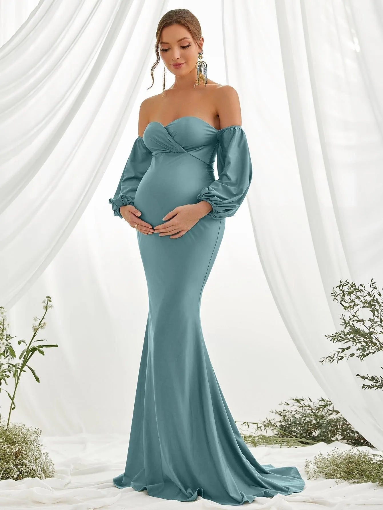 Maternity Off Shoulder Lantern Sleeve Mermaid Dress - Elonnashop