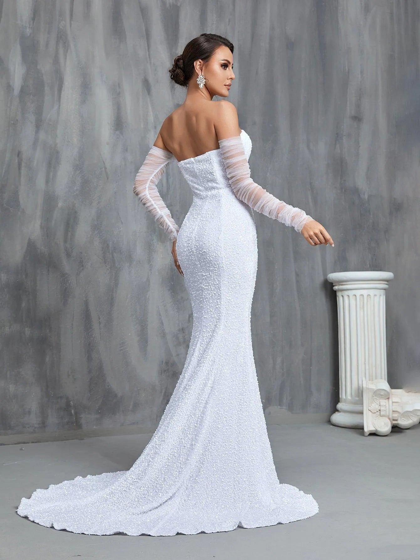 Mermaid Hem Split Sequin Tube Wedding Dress - Elonnashop