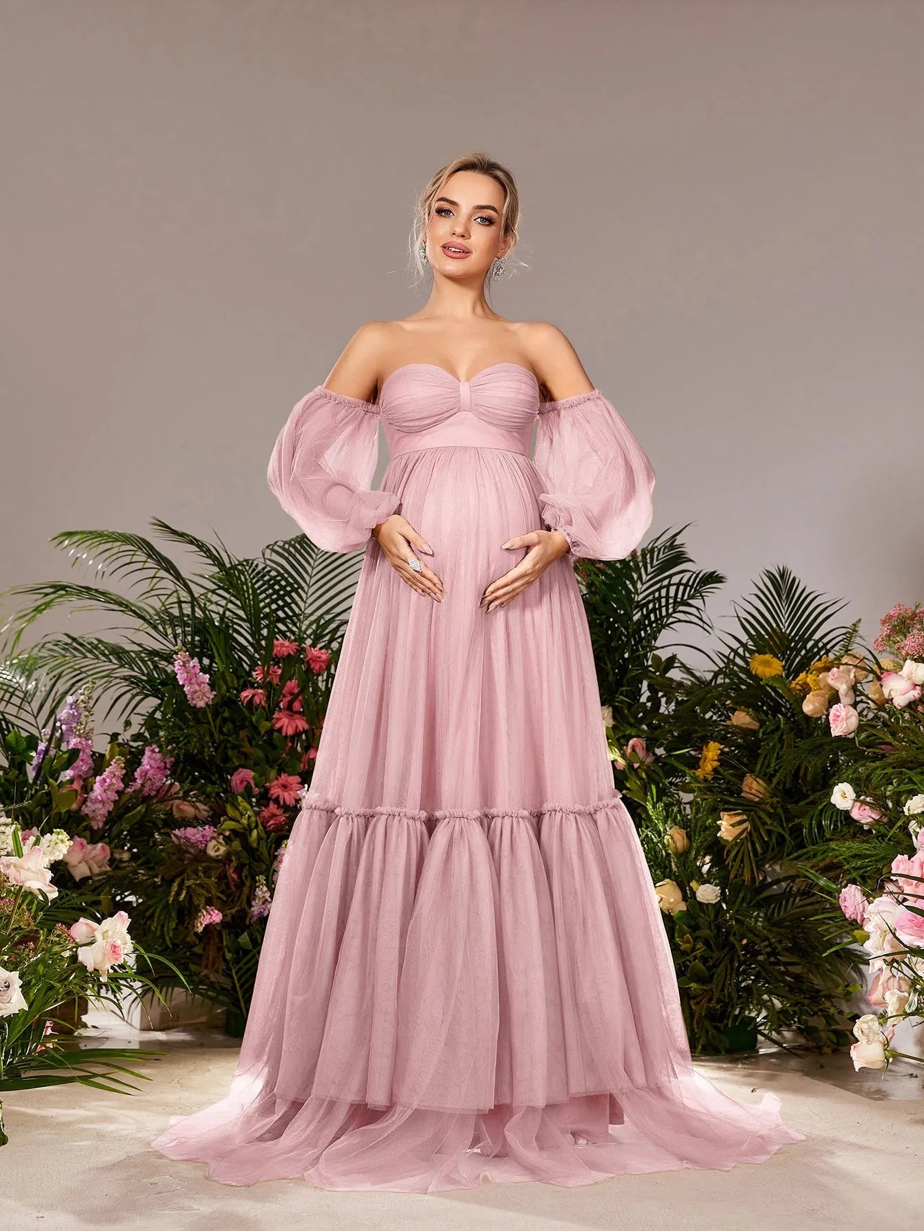 Maternity Off Shoulder Lantern Sleeves Tulle Evening Dress