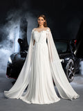 Elegant Applique Detail Boat Neck Ruched Front Cape Sleeves Chiffon Wedding Dress