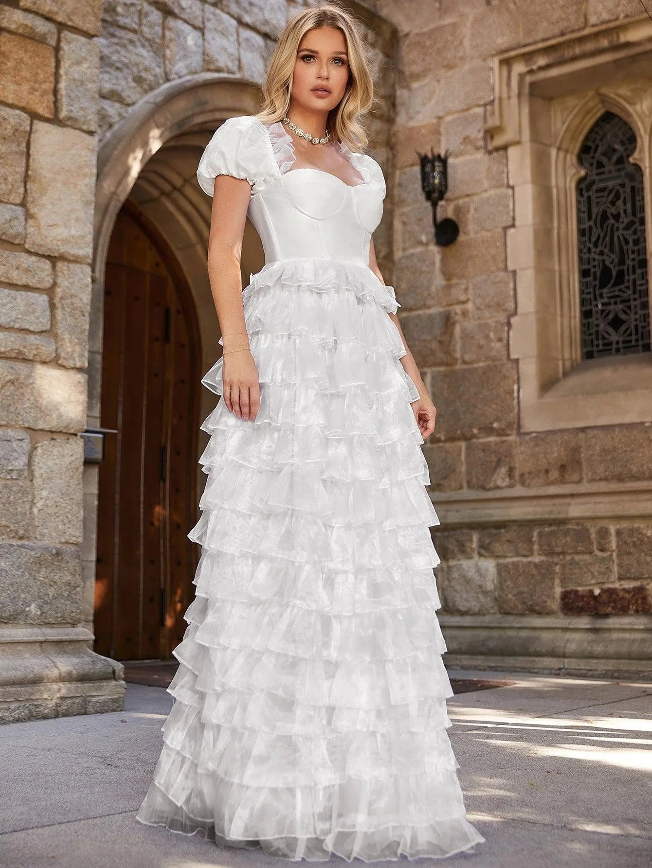 Elegant Puff Sleeve Layered Ruffle Hem Wedding Dress - Elonnashop