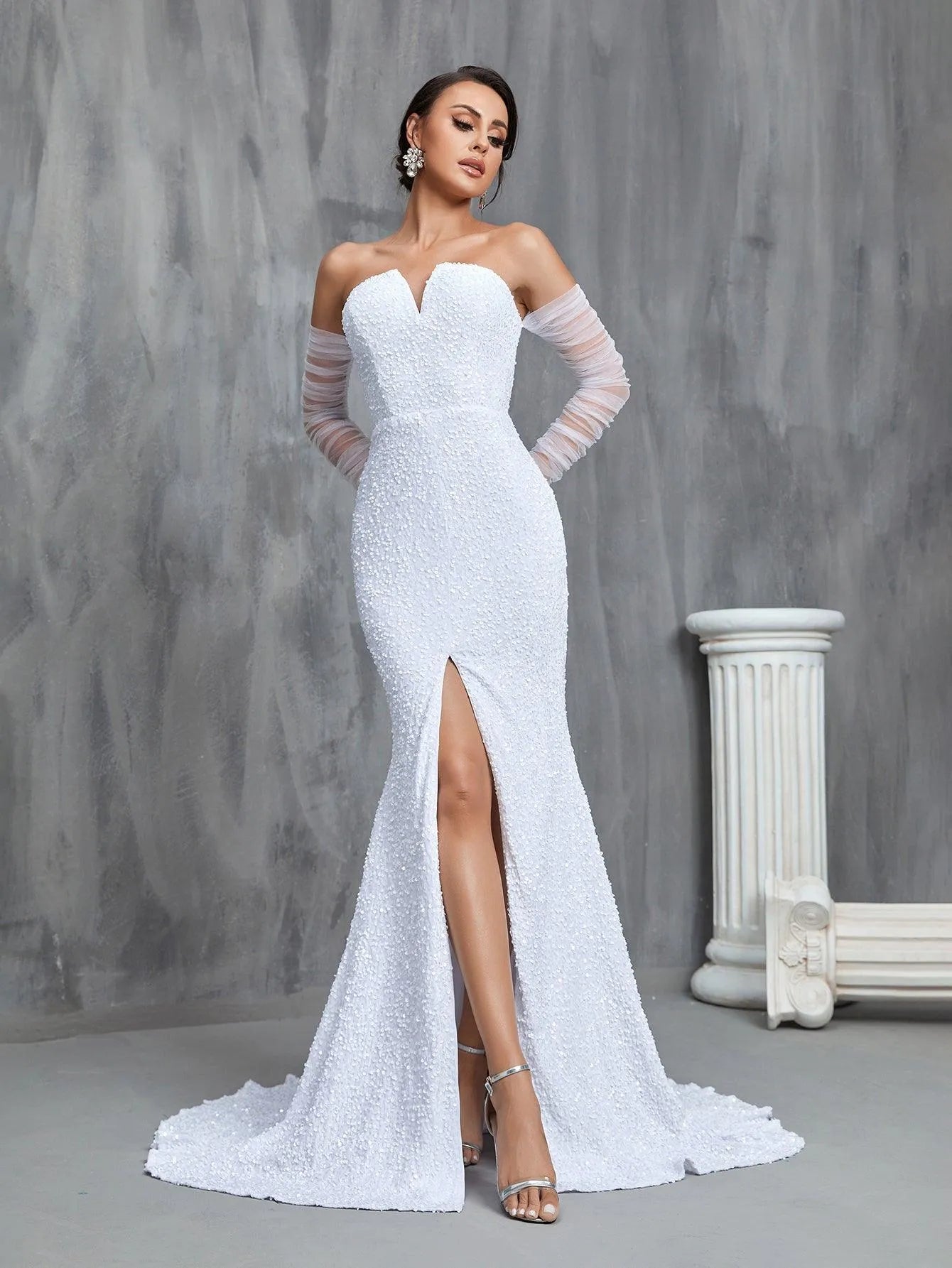 Mermaid Hem Split Sequin Tube Wedding Dress - Elonnashop