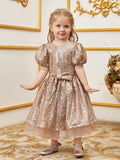 Young Girls' Cute Bow Front Puff Sleeve Sequin Party Dress