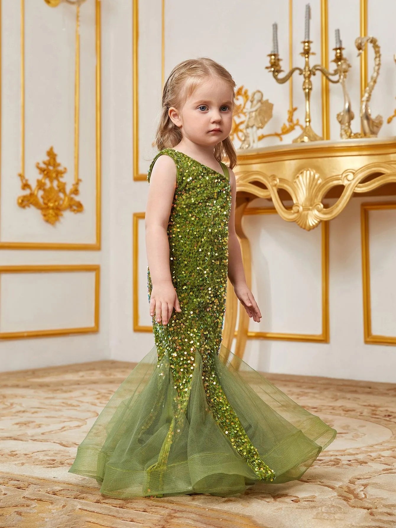 Young Girls' Mesh Insert Mermaid Hem Sequin Dress - Elonnashop