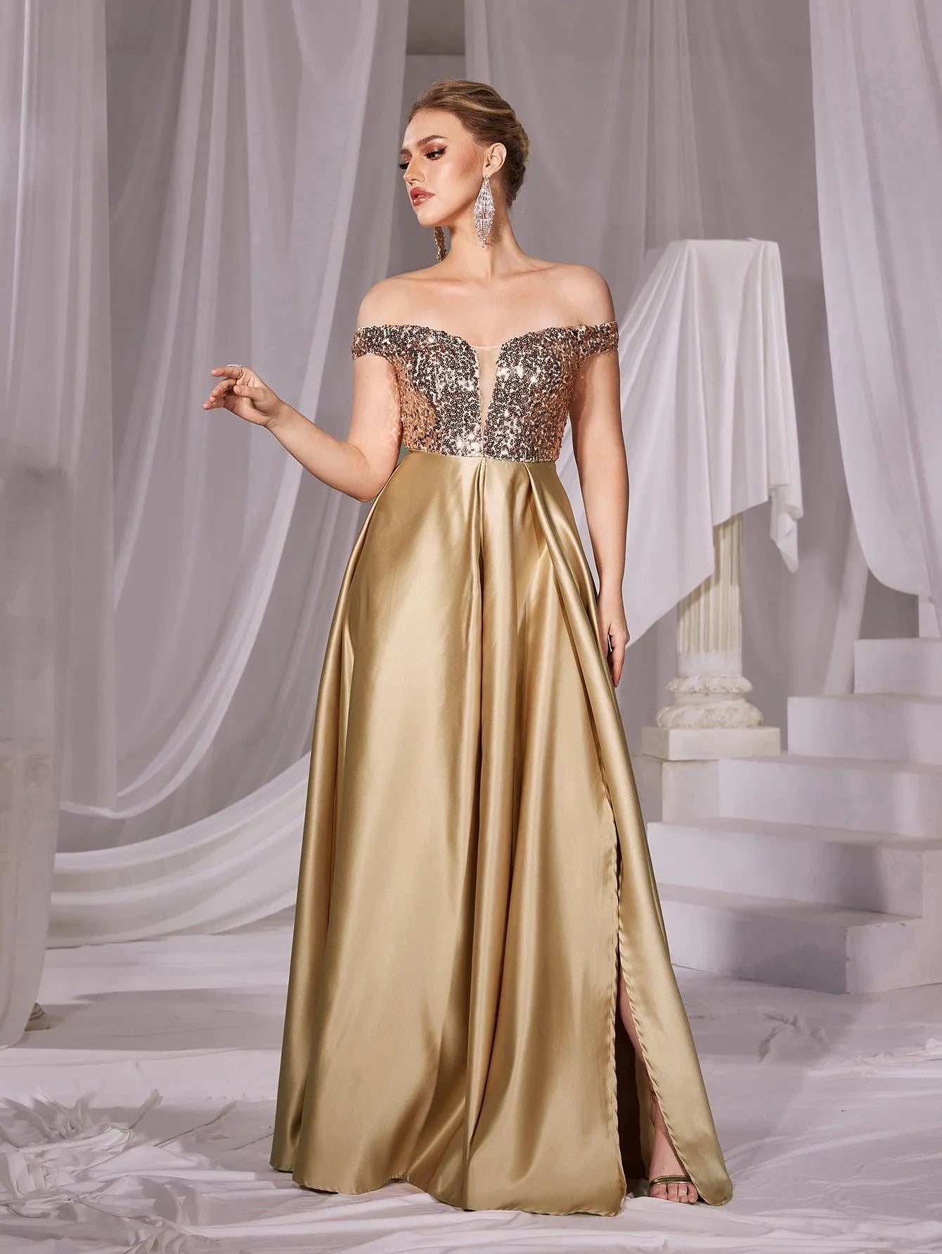 Contras Sequins Off Shoulder Contrast Sequin Satin Prom Dress – Elonnashop