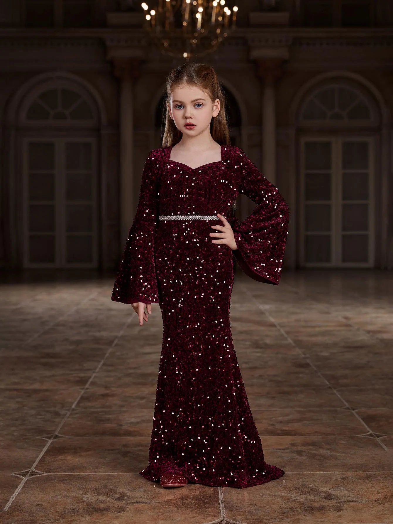Tween Girls' Sweetheart Collar Bell Sleeves Sequin Mermaid Dress Purple / 9Y Tween Girls' Sweetheart Collar Bell Sleeves Sequin Mermaid Dress Purple / 9Y