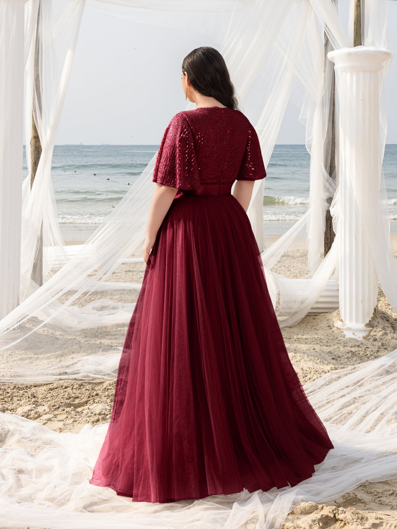 Plus Elegant Surplice Neck Butterfly Sleeves Sequin Evening Dress