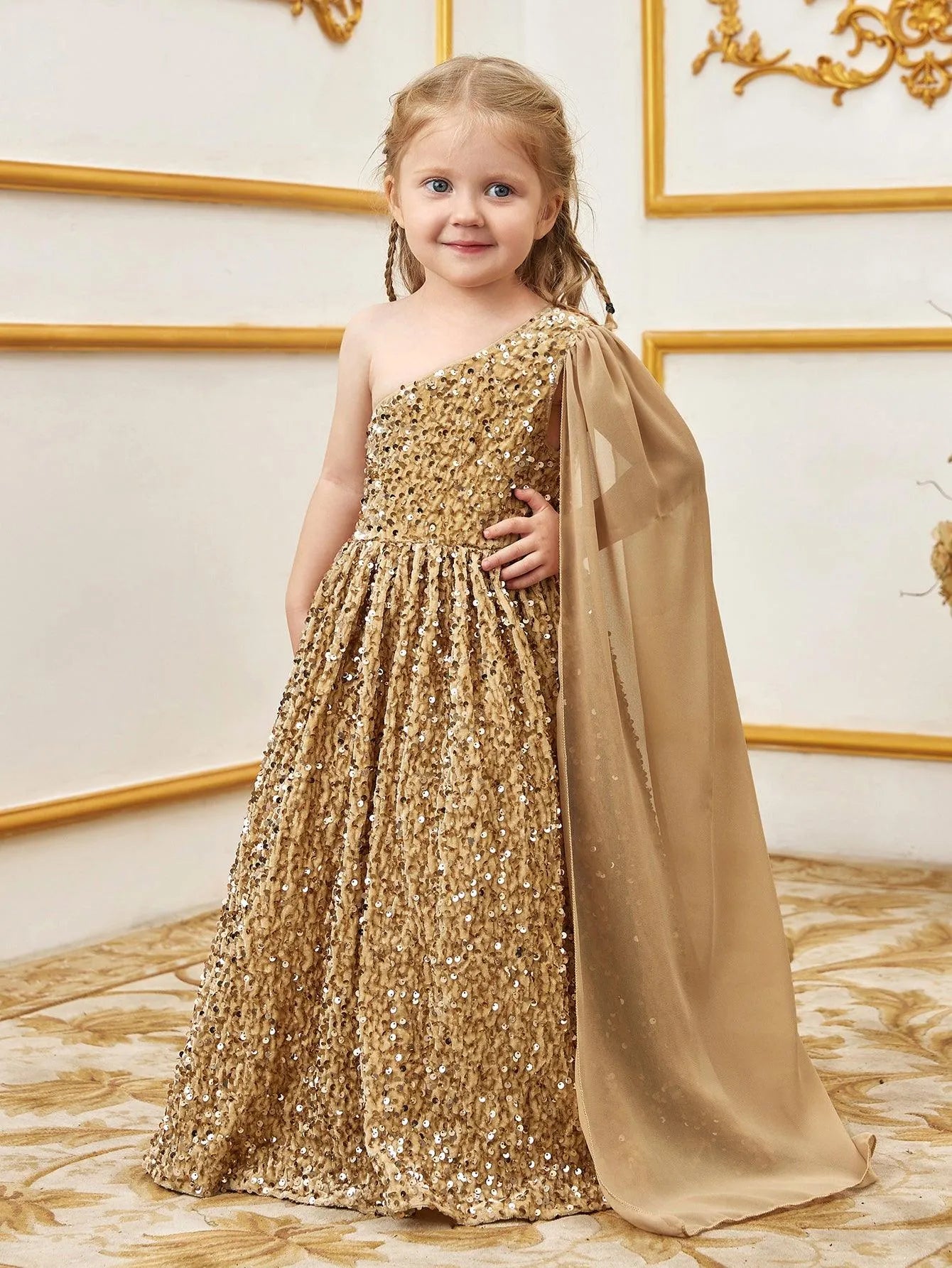 Young Girls' One Shoulder Draped Side Sequin A Line Dress - Elonnashop