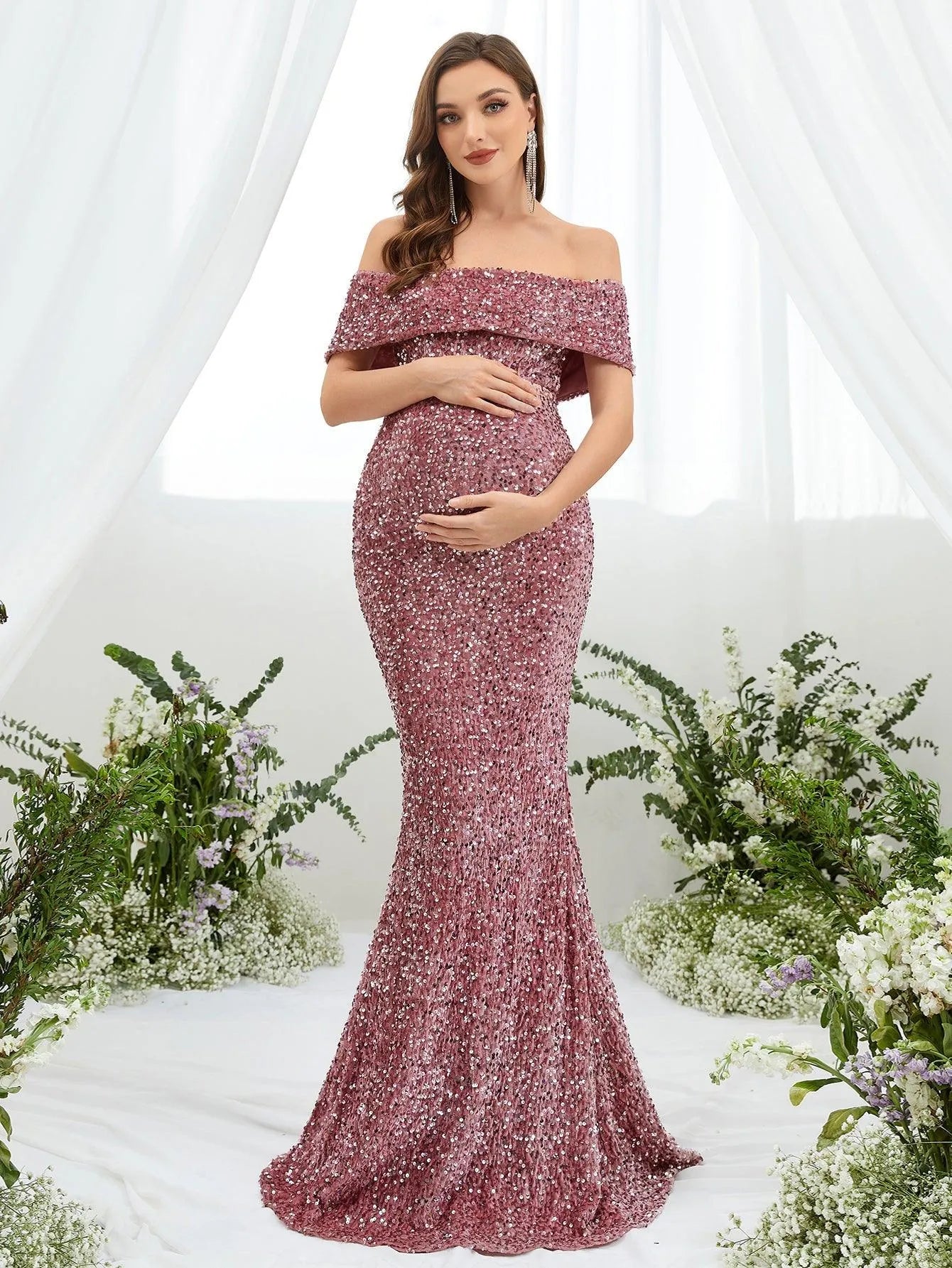 Maternity Off Shoulder Sequin Mermaid Dress - Elonnashop