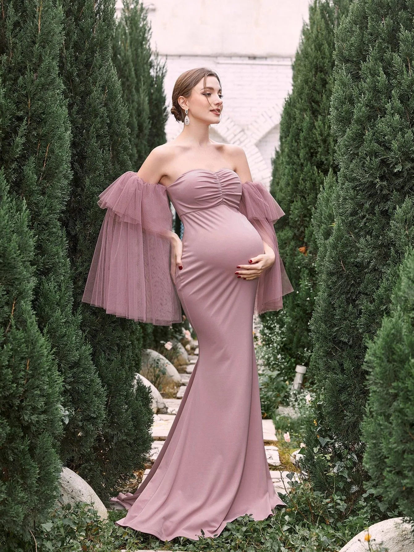 mesh sleeve prom dress Sheer Waistline V-Neck Glitter Mesh Prom Dress Detachable Mesh Sleeve GLGL3002