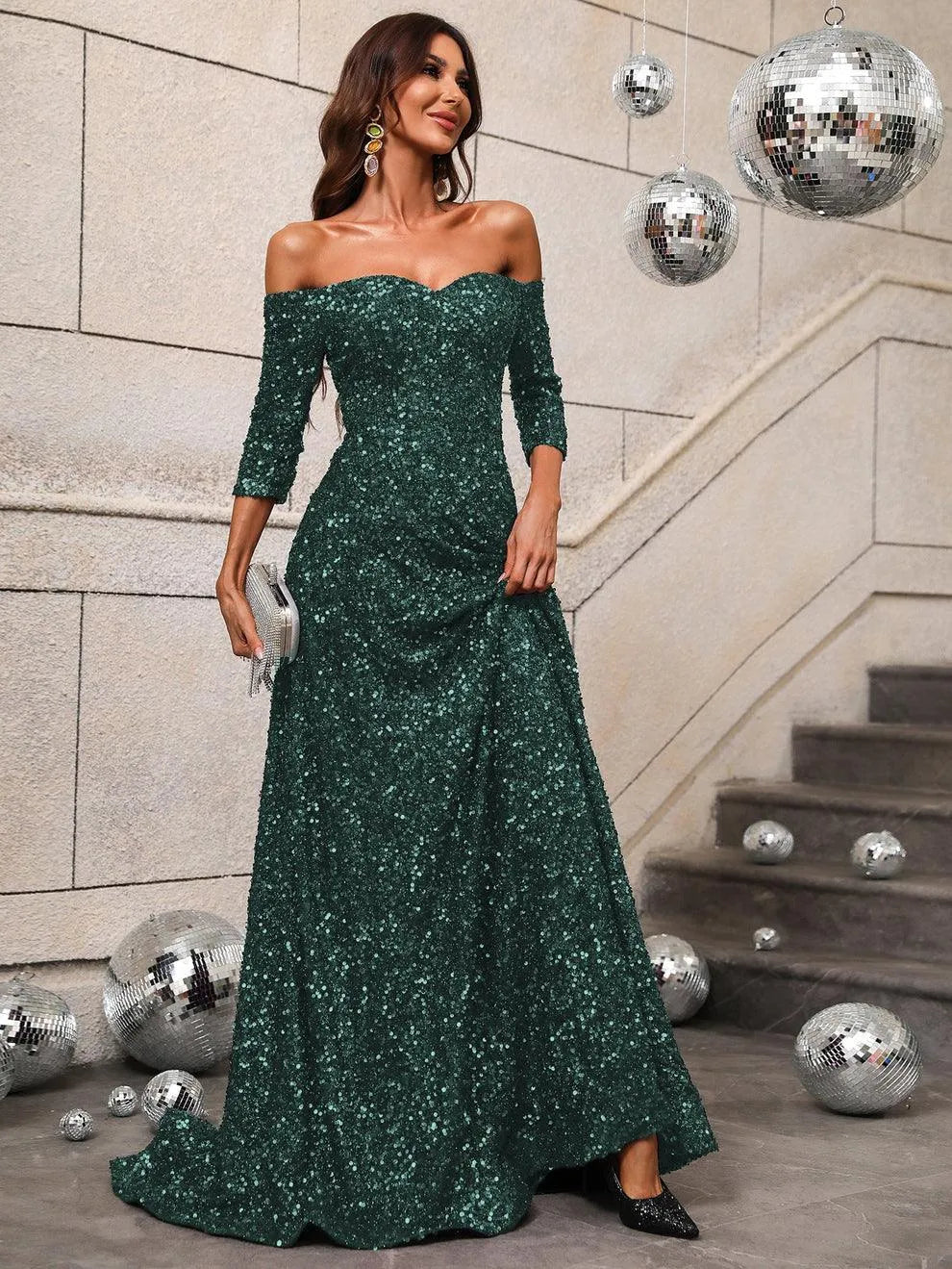 Off Shoulder 3/4 Sleeve Sequin A Line Dress - Elonnashop