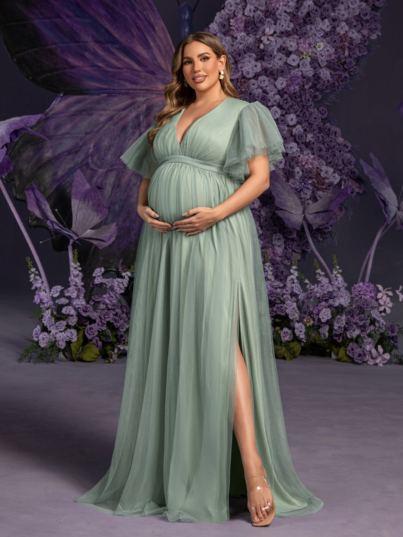 Plus Maternity V Neck Layered Ruffle Sleeves Split Prom Dress