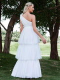 One Shoulder Layered Tulle Hem Wedding Dresses - Elonnashop