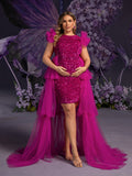 Plus Maternity Sequin Gown with Ruffled Tulle Shoulders & High-Low Skirt – Glamorous 1XL-3XL Pregnancy Photoshoot Dress