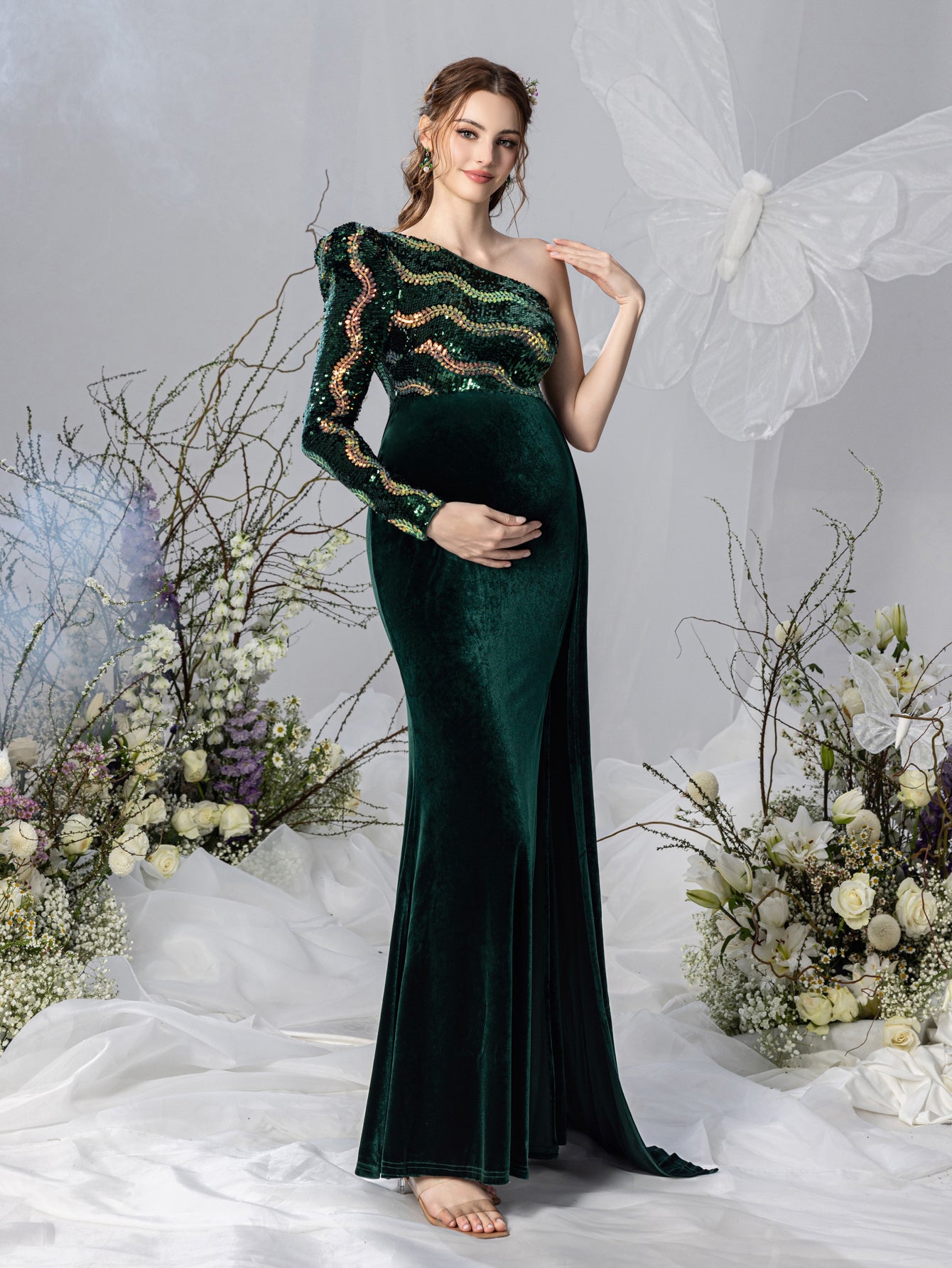 Maternity One Shoulder Split Mermaid Hem Contrast Sequin Velvet Evening Dress