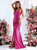 Elegant Spaghetti Strap Split Thigh Sequin Prom Dresses - Elonnashop