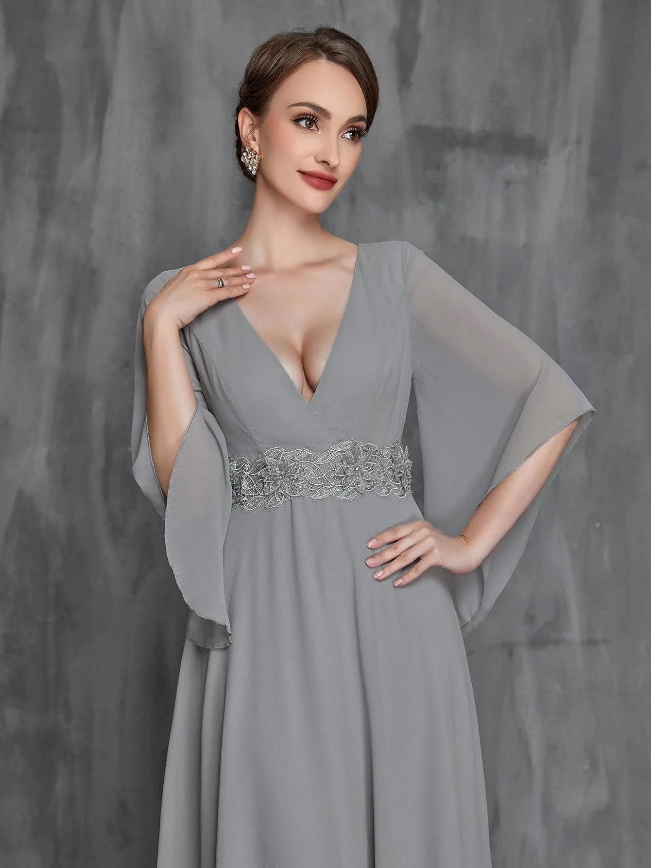 Womens' Applique Detail Flounce Sleeve Chiffon Formal Dress - Elonnashop