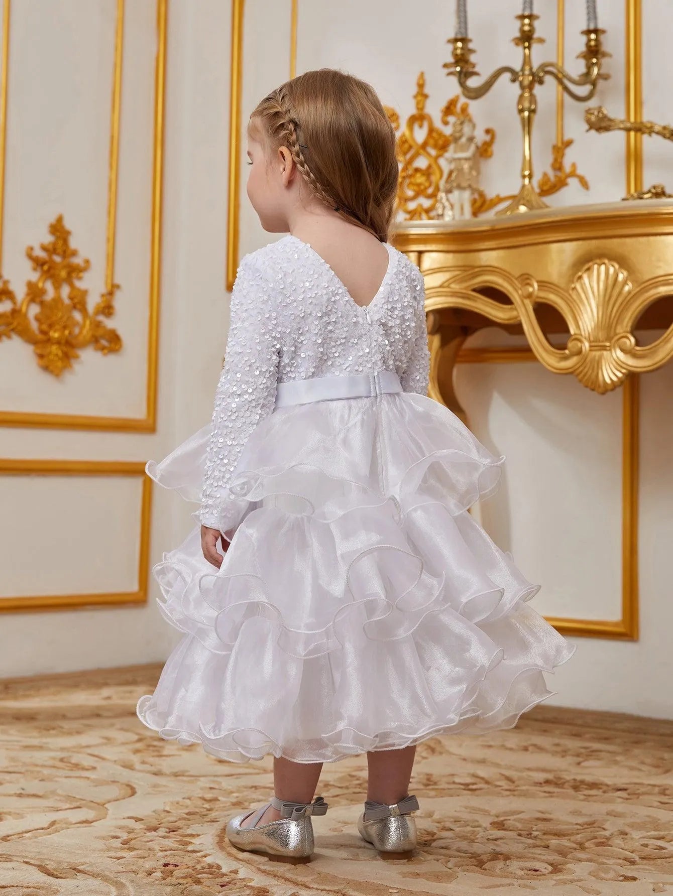 Young Girls' Sequin Contrast Layered Organza Hem Dress - Elonnashop