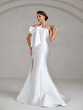 Bow Decor Slit Mermaid Hem Satin Tube Wedding Dress - Elonnashop