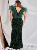 Plus Contrast Mesh Plunging Neck Sequin Mermaid Dresses - Elonnashop