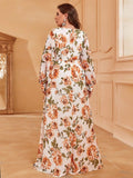 Plus V Neck Long Sleeve Floral Chiffon Dresses - Elonnashop