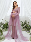 Maternity Surplice Nec Mesh Overlay Sequin Mermaid Dress - Elonnashop