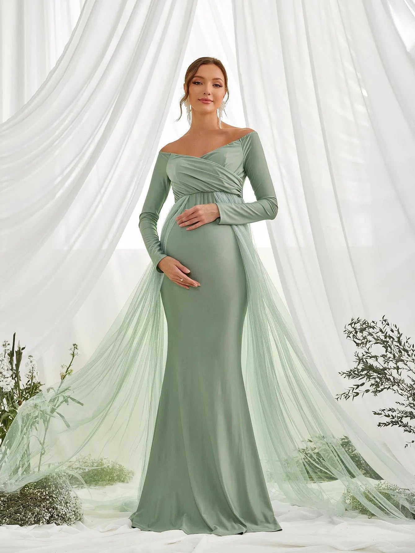 Maternity Off Shoulder Contrast Mesh Mermaid Dress - Elonnashop