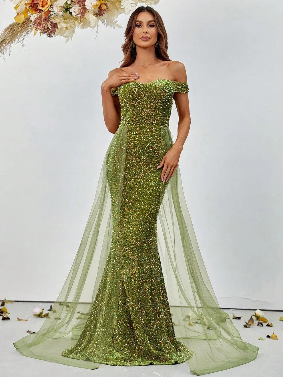 Off Shoulder Sequin Mermaid Dresses Mesh Layer On Waist - Elonnashop