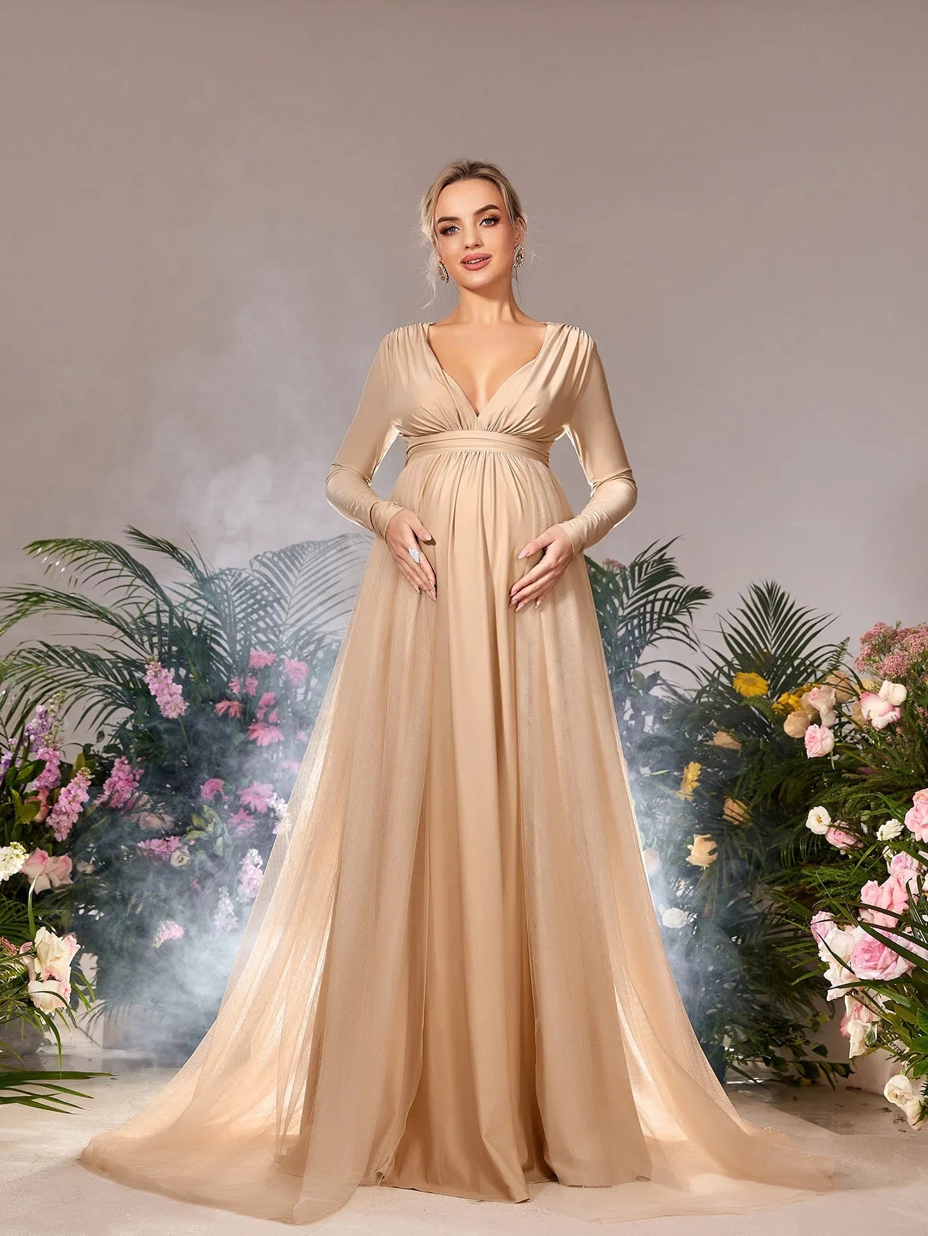 Maternity Plunging Neck Long Sleeves Contrast Mesh Evening Dress Maternity Plunging Neck Long Sleeves Contrast Mesh Evening Dress