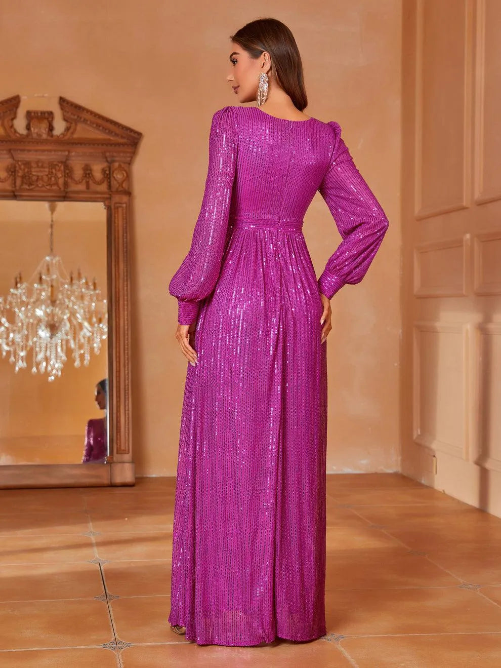 Elegant V Neck Long Sleeves Sequin A Line Dresses - Elonnashop