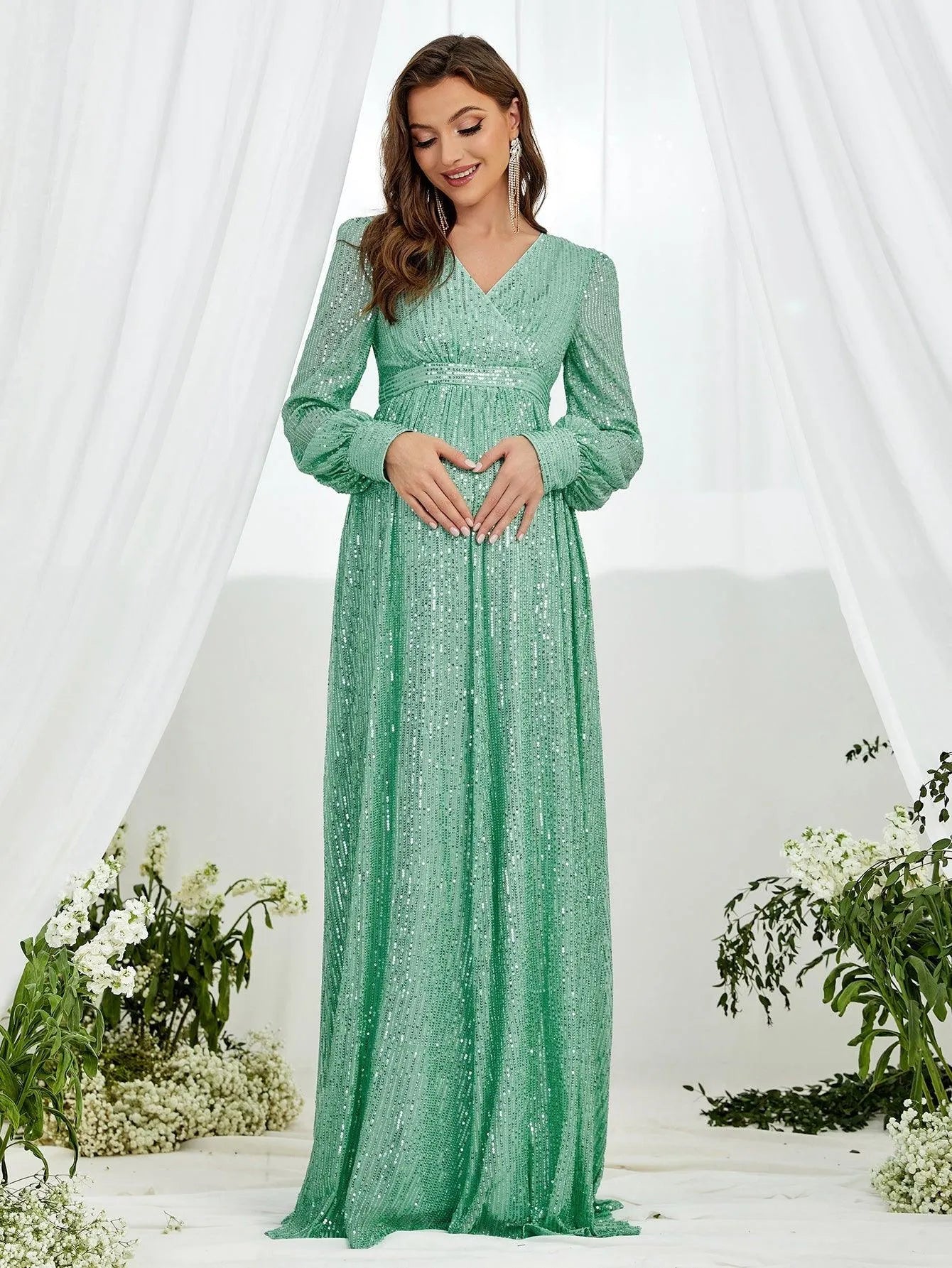 Maternity V Neck Lantern Sleeve Sequin Formal Dress - Elonnashop