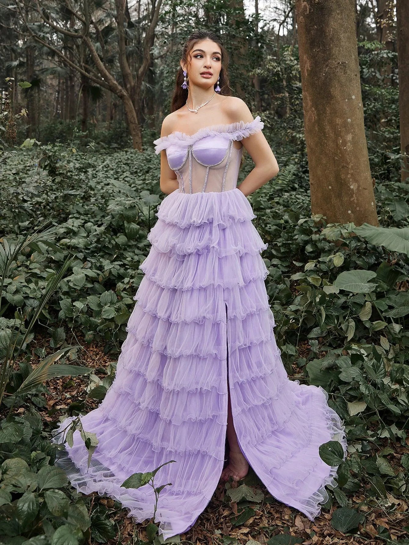 cascading ruffle prom dress Gorgeous Off-Shoulder Bodice Cascading Ruffle Hem Prom Dress Elonnashop