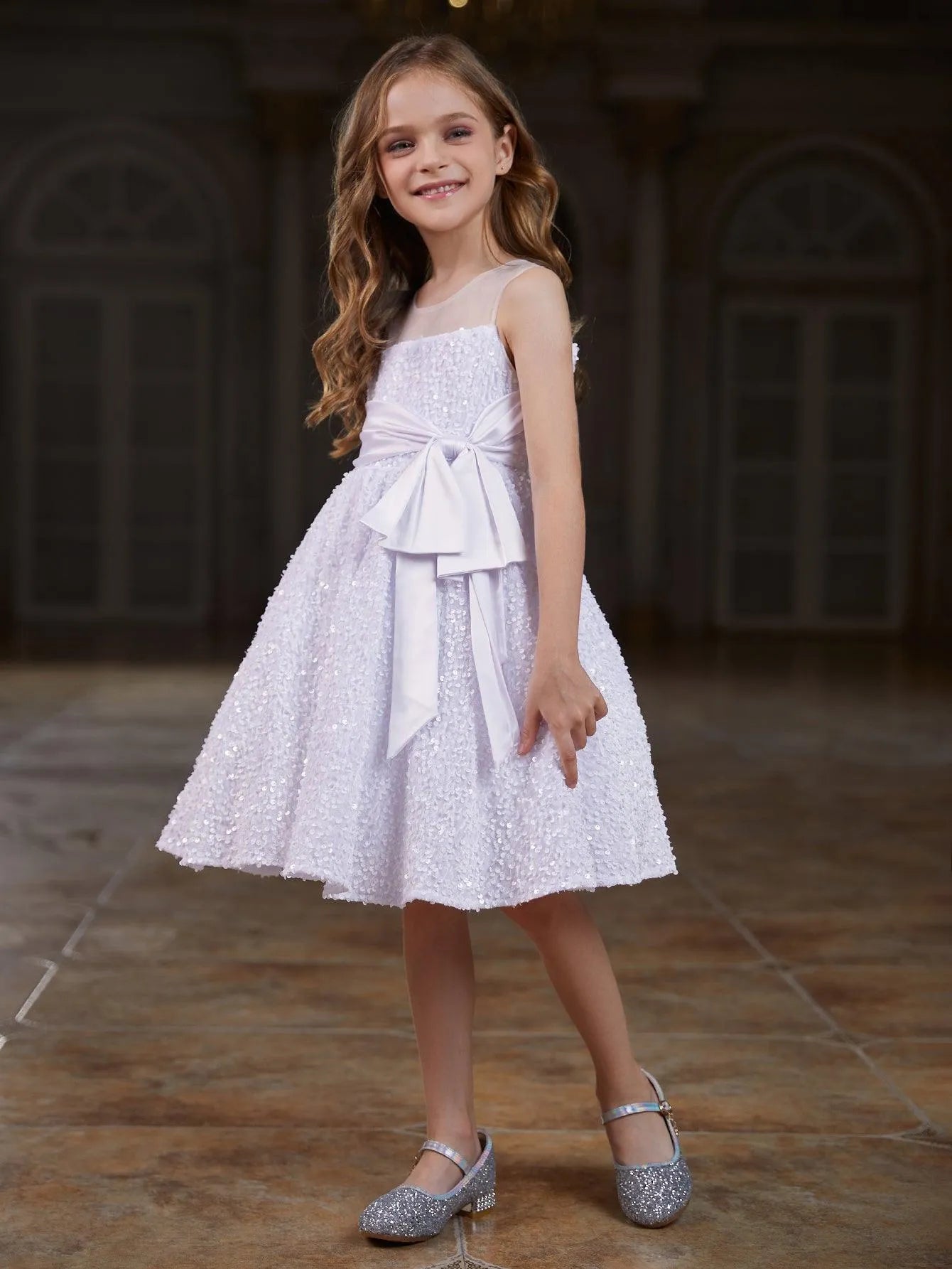 Tween Girls' Cute Sleeveless Knot Side Sequin A Line Dress - Elonnashop