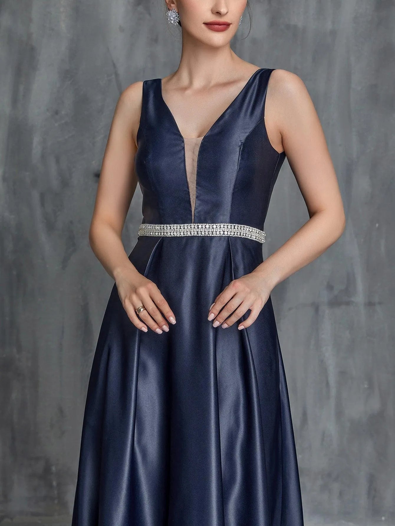 Womens' Backless Rhinestone Waistband Satin Formal Dress - Elonnashop