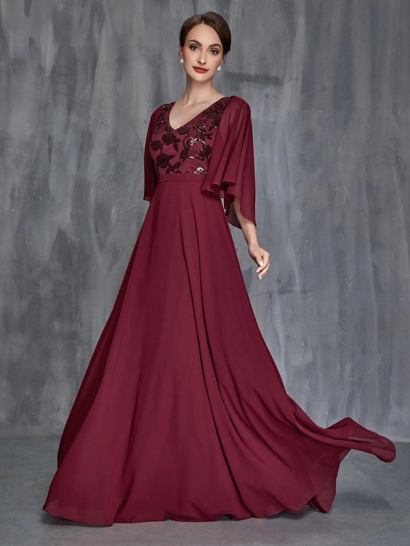 women's chiffon dress Blue V Neck Ruffle Maxi and light as air Womens' Flounce Sleeve Contrast Sequin