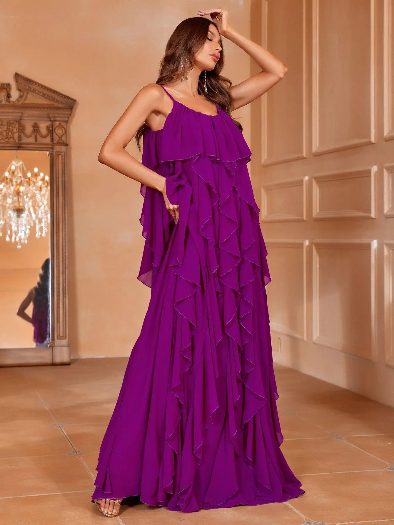 Cascading ruffle gown best sale