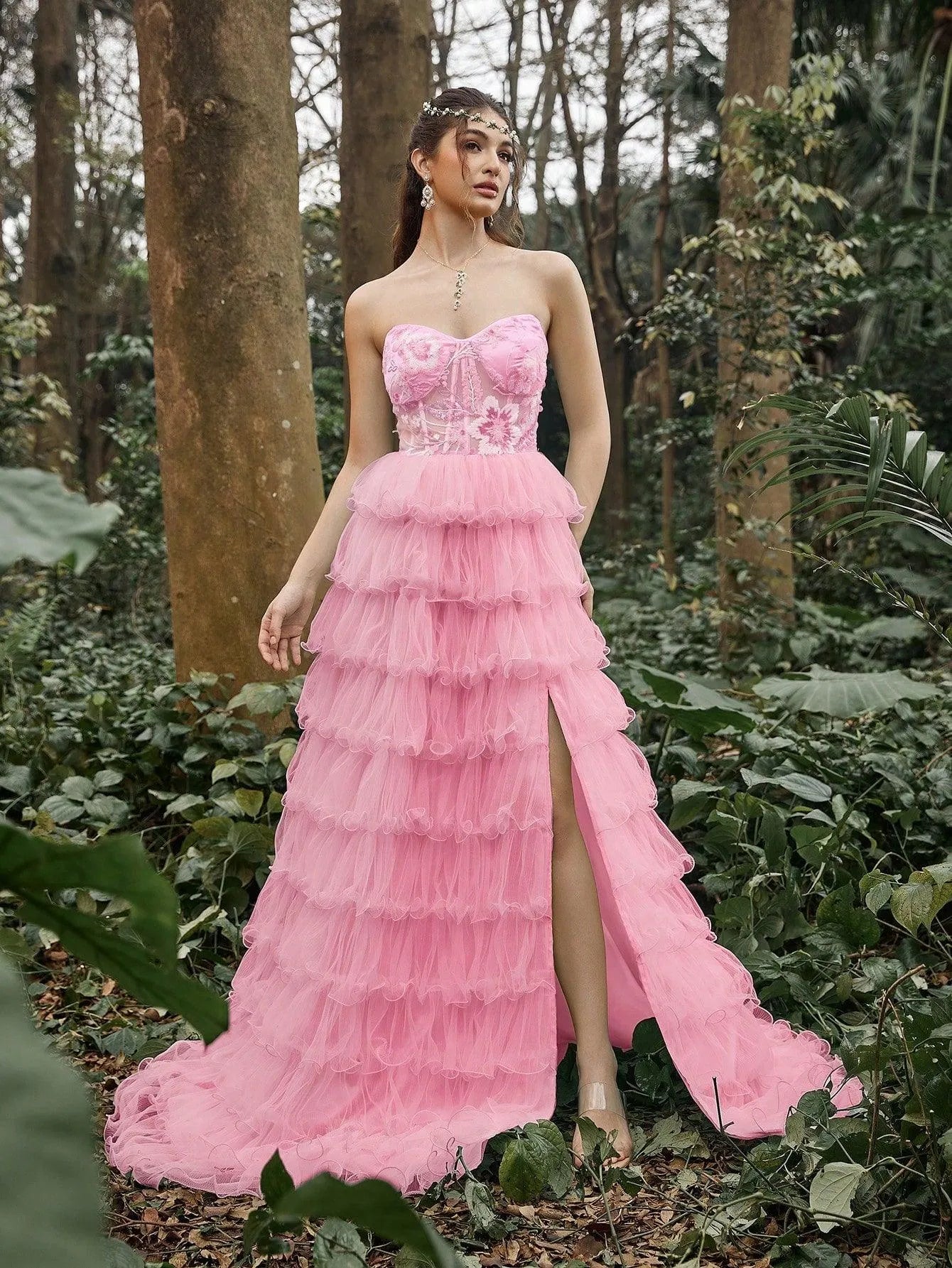 Gorgeous Floral Sequin Bustier Split Ruffle Layered Hem Prom Tube Dress - Pink / XS Gorgeous Floral Sequin Bustier Split Ruffle Layered Hem Prom Tube Dress - Pink / XS