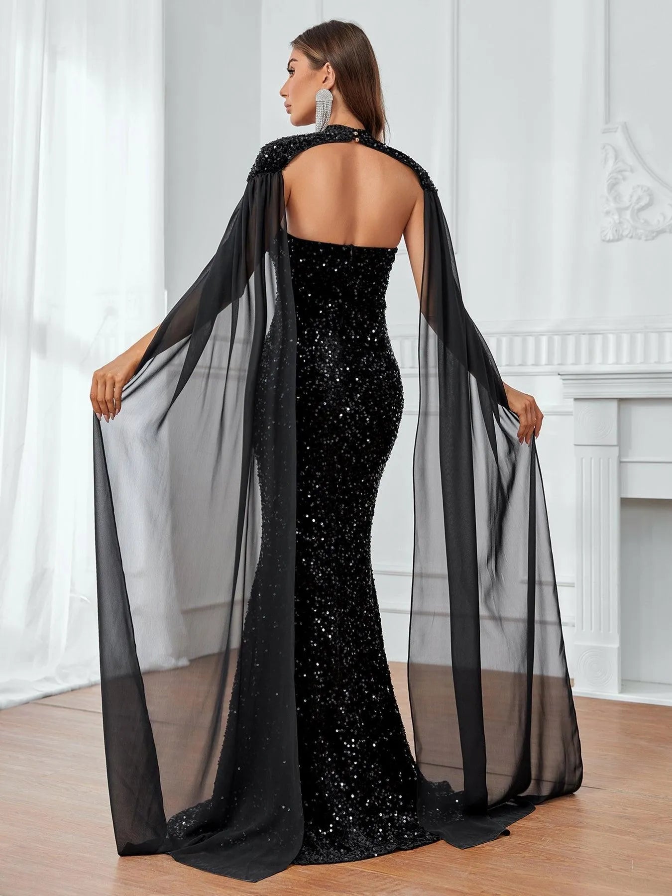 Black Chiffon Cloak Sleeves Sequin Tube Dress - Elonnashop