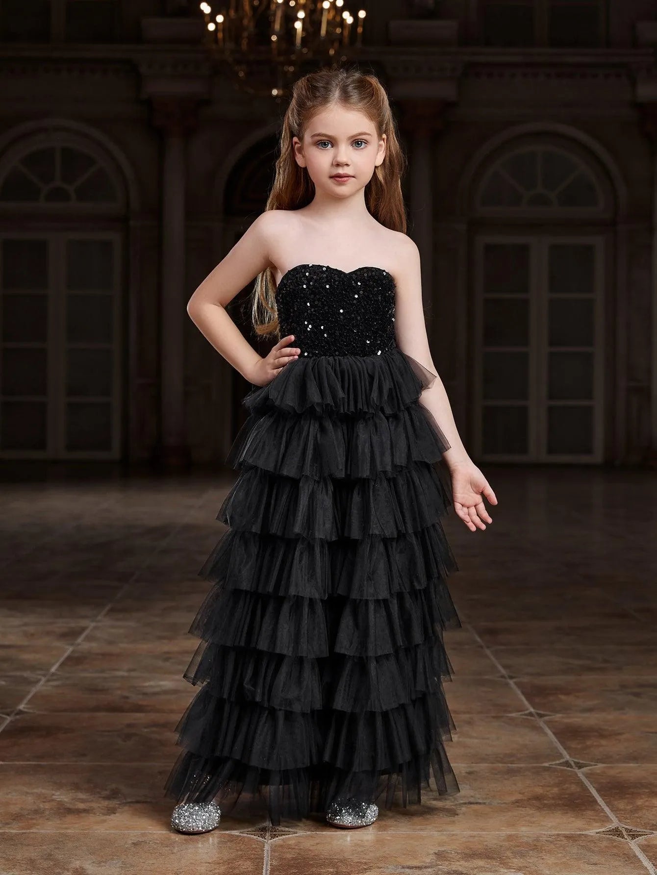 Tween Girls' Mesh Layered Hem Sequin Tube Party Dress - Elonnashop