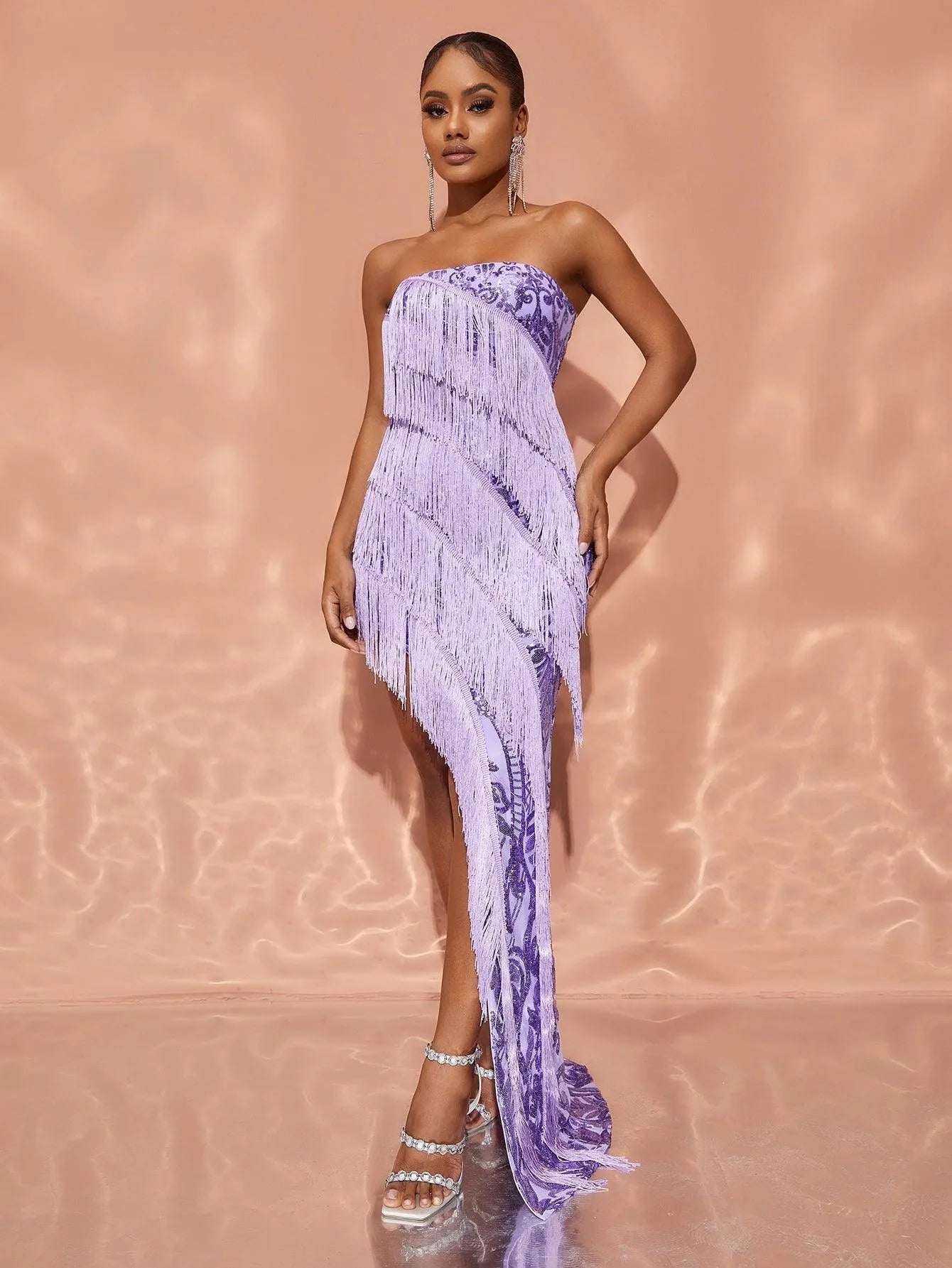 Chic Split Thigt Fringed Sequin Tube Dress - Elonnashop