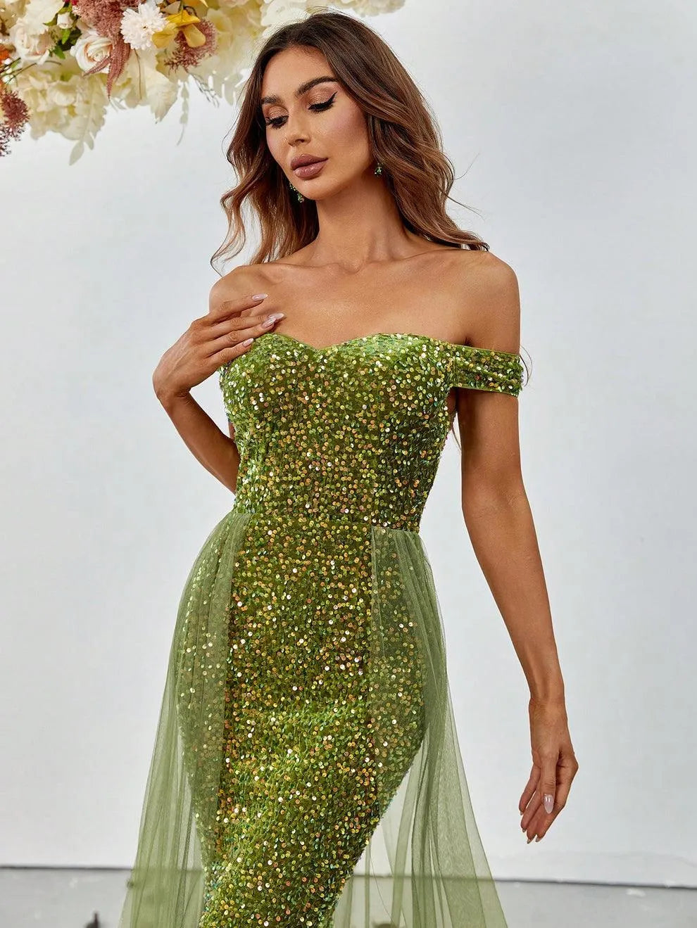 Off Shoulder Sequin Mermaid Dresses Mesh Layer On Waist - Elonnashop