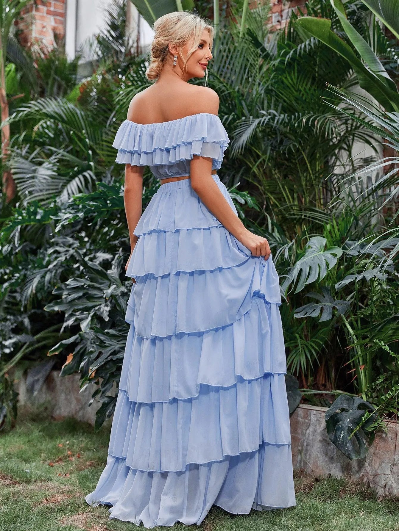 Off Shoulder Crop Top & Tiered Maxi Skirt Chiffon Two Piece Set - Elonnashop