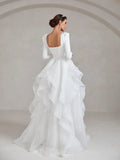 Elegant Square Collar Layered Ruffle Hem Wedding Dress - Elonnashop