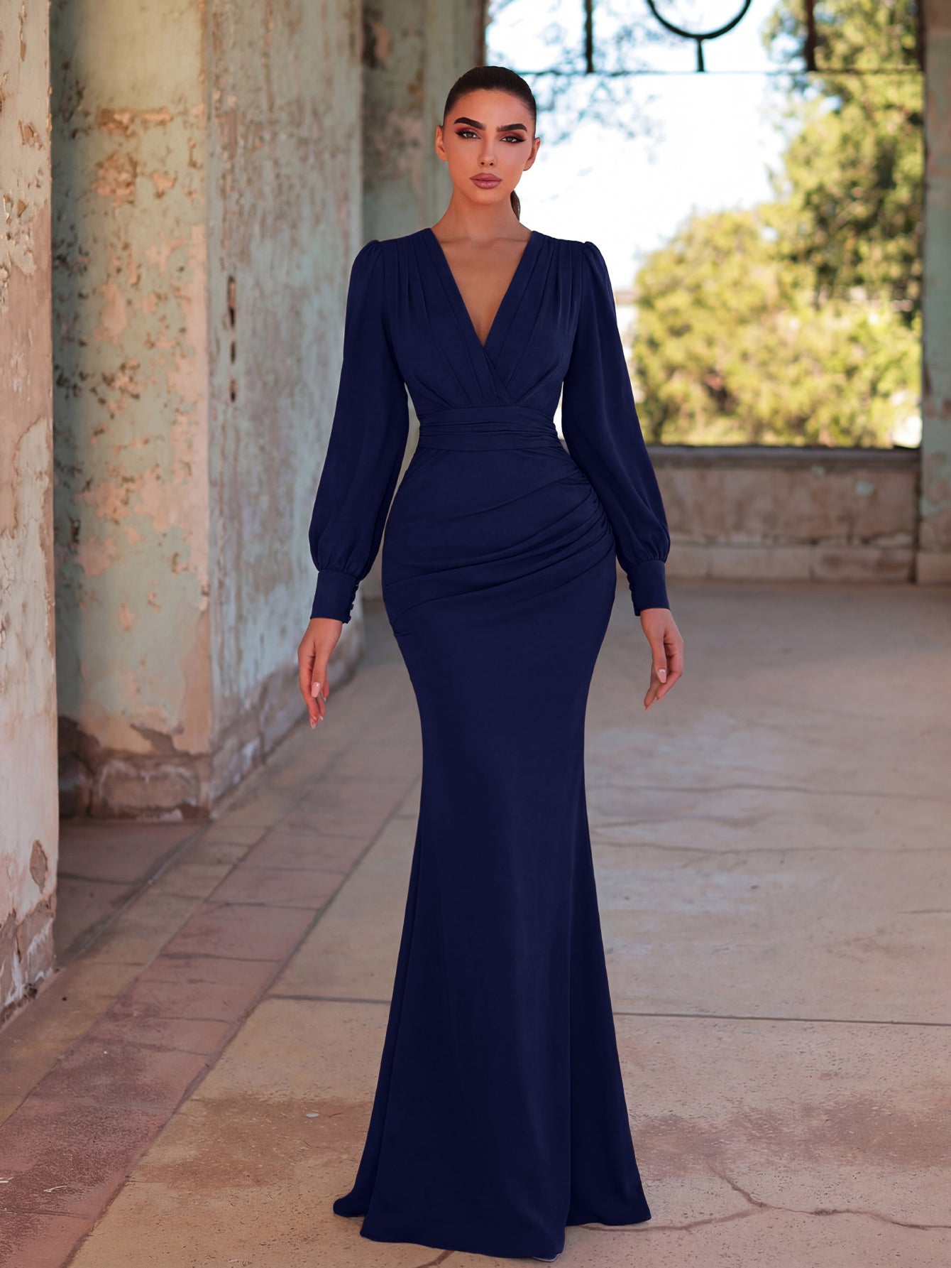 Surplice Neck Lantern Sleeve Chiffon Mermaid Dress – Elonnashop
