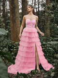 Gorgeous Floral Sequin Bustier Split Ruffle Layered Hem Prom Tube Dress - Elonnashop